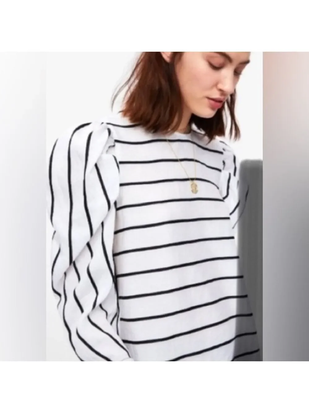 Nwt Zara Black White Stripe Long Puff Sleeve Top SZ S